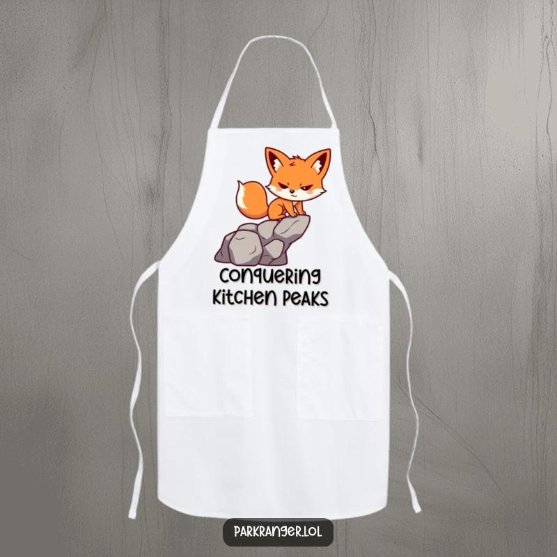 Funny apron showcasing a small, playful fox character with a determined grin, ready to tackle any recipe.