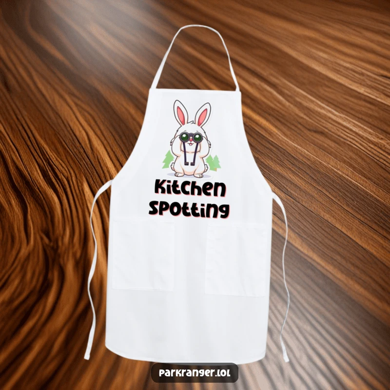Funny apron featuring a cheerful, fluffy rabbit character using binoculars to look at distant trees, ideal for kitchen adventures.