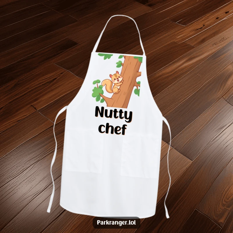 Funny apron featuring a cheerful squirrel character climbing a tree, designed for kitchen fun with an energetic and humorous woodland theme.