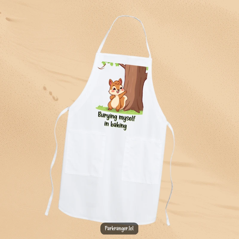 Funny Apron with a happy squirrel character pointing towards a tall tree, symbolizing foraging and kitchen fun.