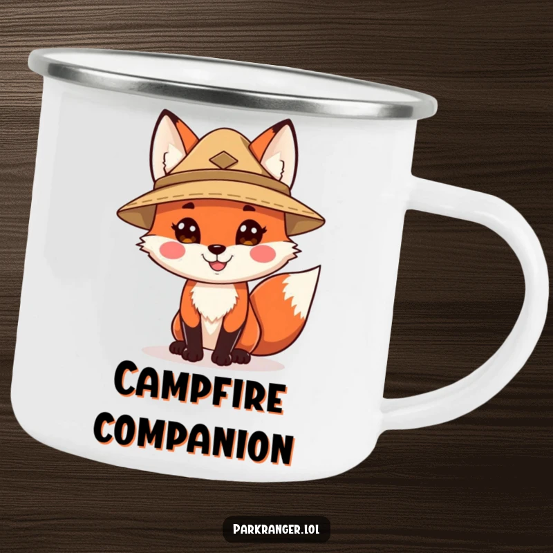 Funny camping mug showcasing a happy fox character in a ranger hat, perfect for enjoying beverages outdoors with a dose of woodland humor.