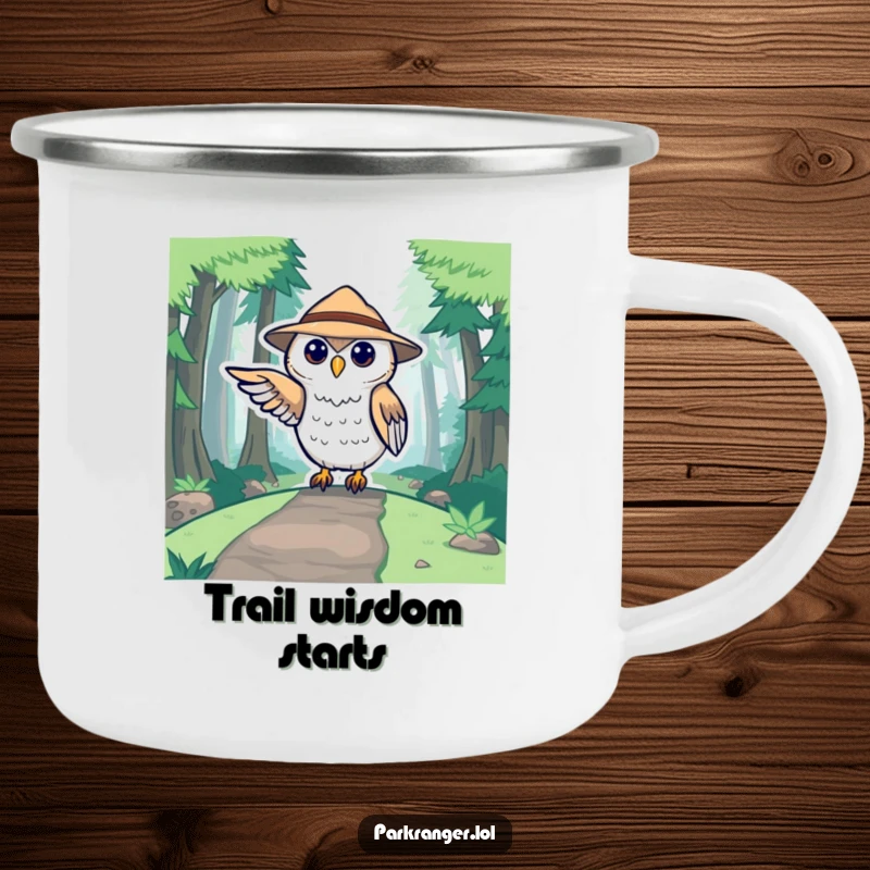 Funny camping mug featuring a cute stylized owl ranger pointing towards a forest path, durable and humorous drinkware.