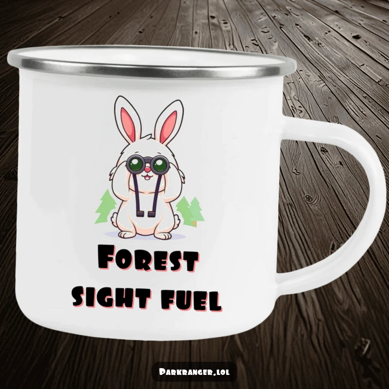Funny camping mug featuring a cheerful, fluffy rabbit character using binoculars to gaze at distant trees, durable and humorous drinkware.