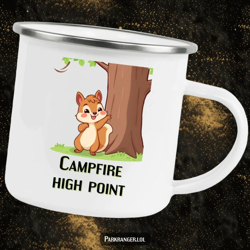 Funny Camping Mug with a happy squirrel character pointing towards a tall tree, ready for outdoor exploration and enjoyment.