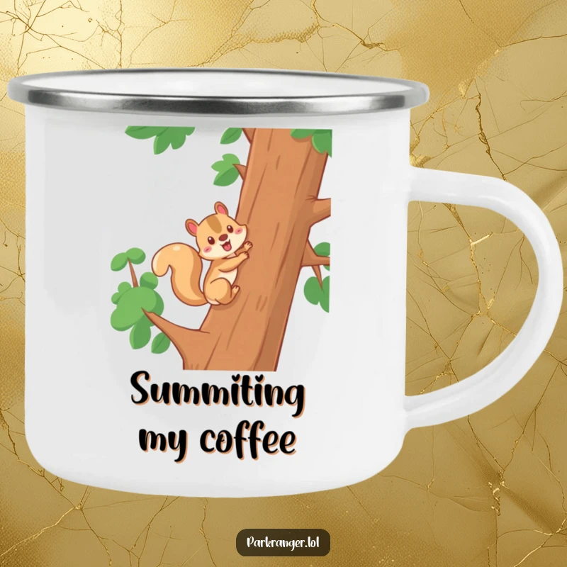 Funny camping mug showcasing a cheerful squirrel character climbing a tree, perfect for enjoying beverages outdoors with a dose of energetic humor.
