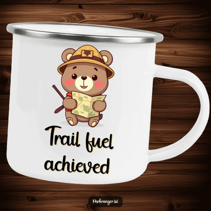 Funny Camping Mug with a cheerful bear in a ranger hat, holding a map, ready for outdoor exploration and enjoyment.