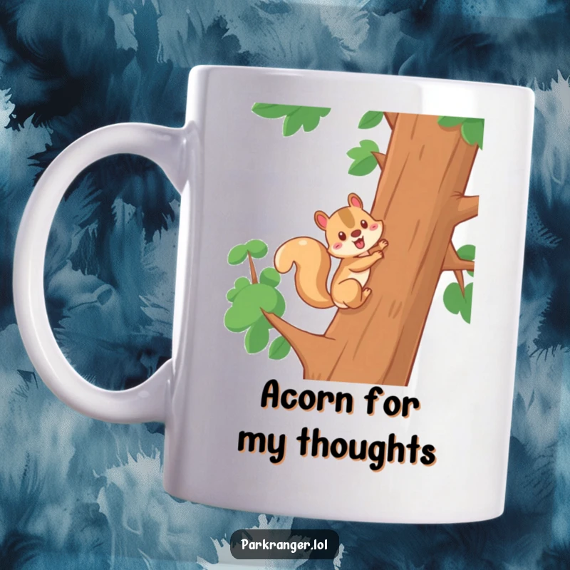Funny mug featuring a cheerful squirrel character energetically climbing a tall tree, symbolizing ambition and a playful, high-spirited nature.