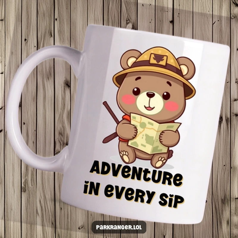 Funny Ranger Bear Mug showing a cheerful bear in a ranger hat, holding a map, ready to guide any adventure.