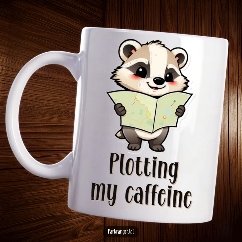 Funny mug featuring a determined badger character holding a map, symbolizing a focused and humorous approach to planning and adventure.