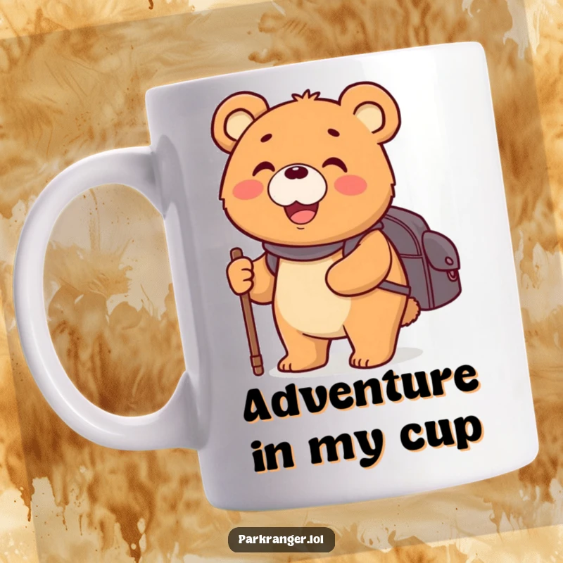 Funny mug featuring a happy, round bear character with a backpack and walking stick, smiling widely on an adventure.