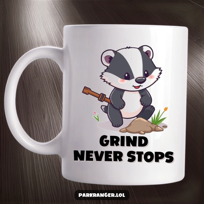 Funny Badger Mug showing a determined badger character clearing a small path with focused effort and unwavering resolve.