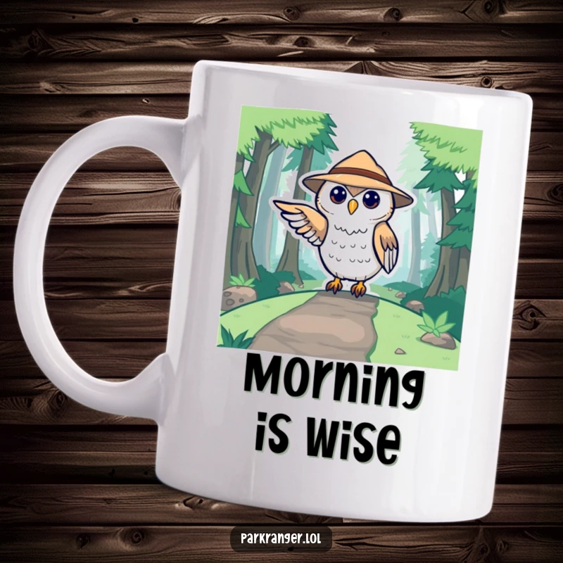Funny mug featuring a cute stylized owl in a ranger hat pointing with its wing towards a forest path, guiding the way.