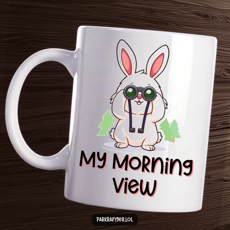 Funny mug featuring a cheerful, fluffy rabbit character using binoculars to gaze at distant trees, a curious explorer.