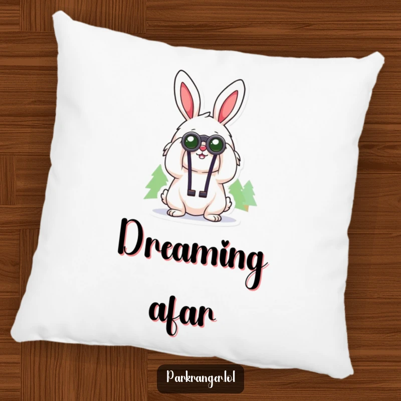 Funny pillow depicting a cheerful, fluffy rabbit character using binoculars to gaze at distant trees, a soft and cozy decor item.