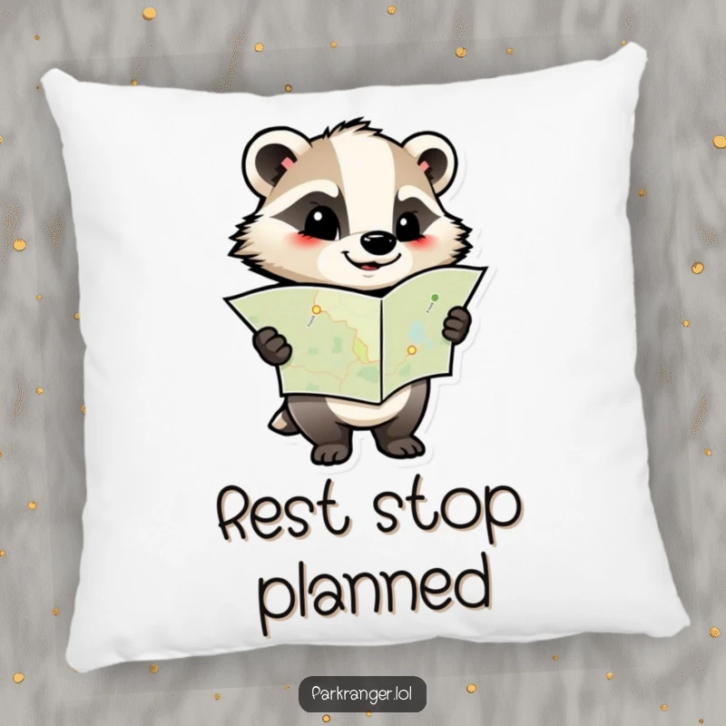 Funny pillow featuring a determined badger character with a map, offering comfort and a humorous, focused outlook for home decor.