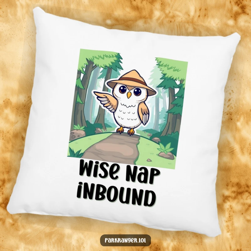 Funny pillow depicting a cute stylized owl ranger pointing towards a forest path, a comfortable and whimsical decor item.