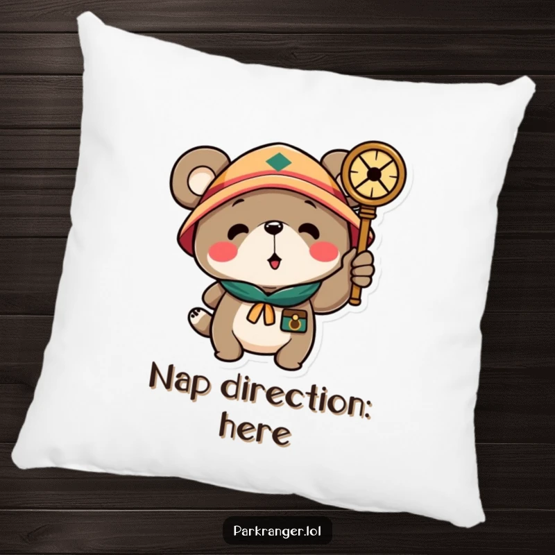 Funny pillow featuring a scout bear character holding a compass, offering a blend of comfort, humor, and adventurous spirit for home decor.