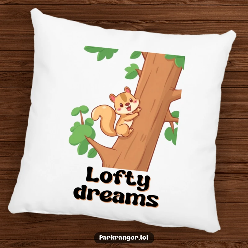 Funny pillow featuring a cheerful squirrel character climbing a tree, offering comfort and energetic humor for a playful and cozy home.