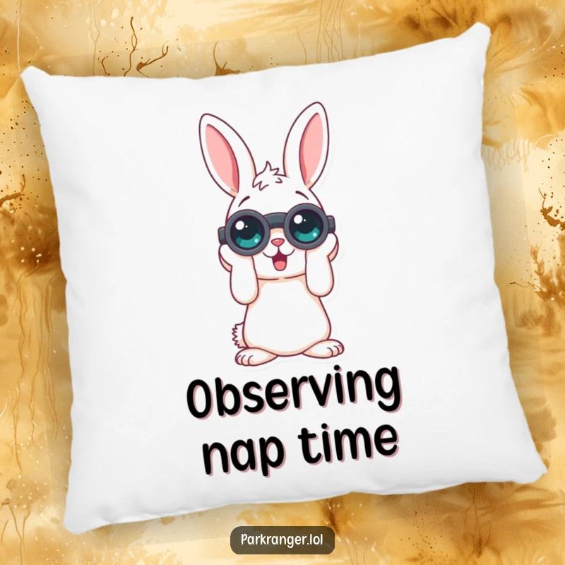 Funny pillow featuring a playful rabbit character with binoculars, offering comfort and a humorous, curious outlook for home decor.