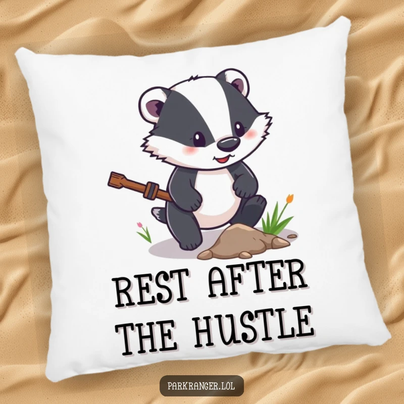 Funny Pillow showcasing a determined badger character clearing a small path, adding cozy encouragement to any room.