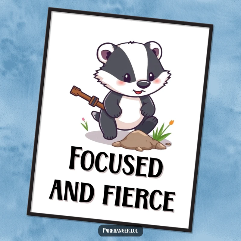 Funny Digital Art Print of a determined badger character diligently clearing a small path, inspiring focus and progress.