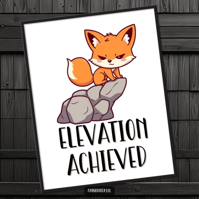 Funny digital art print of a small, playful fox character with a determined grin scaling a stylized rock.