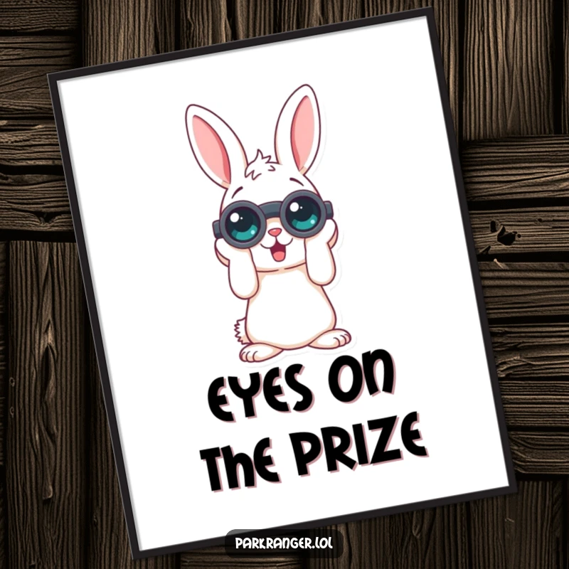 Funny digital art print of a playful rabbit character looking through binoculars, perfect for adding a humorous and curious vibe to any room's decor.