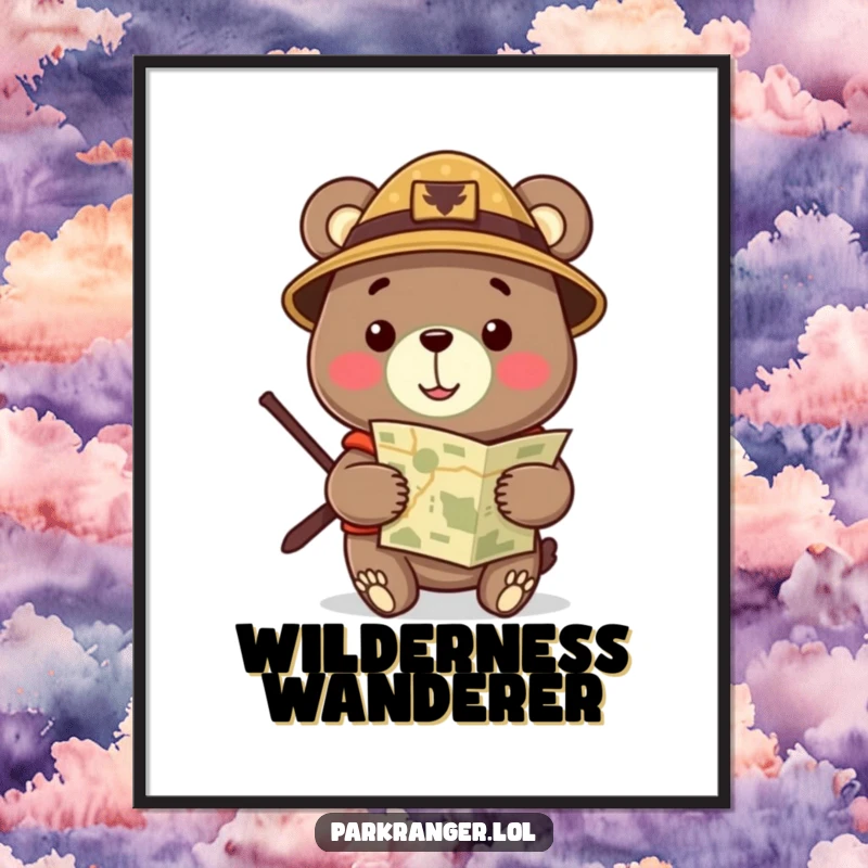 Funny Digital Art Print of a cheerful bear in a ranger hat, holding a map, inviting viewers to explore with humor.