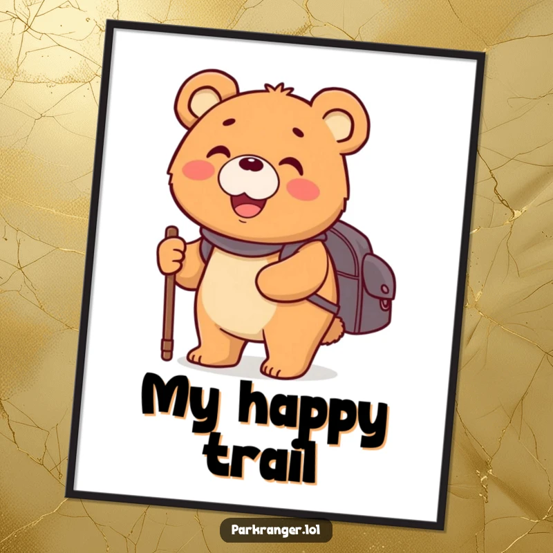 Funny digital art print of a happy, round bear character with a backpack and walking stick, smiling widely, cheerful illustration.
