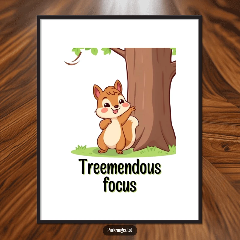 Funny Digital Art Print of a happy squirrel character pointing towards a tall tree, inspiring discovery and joy.