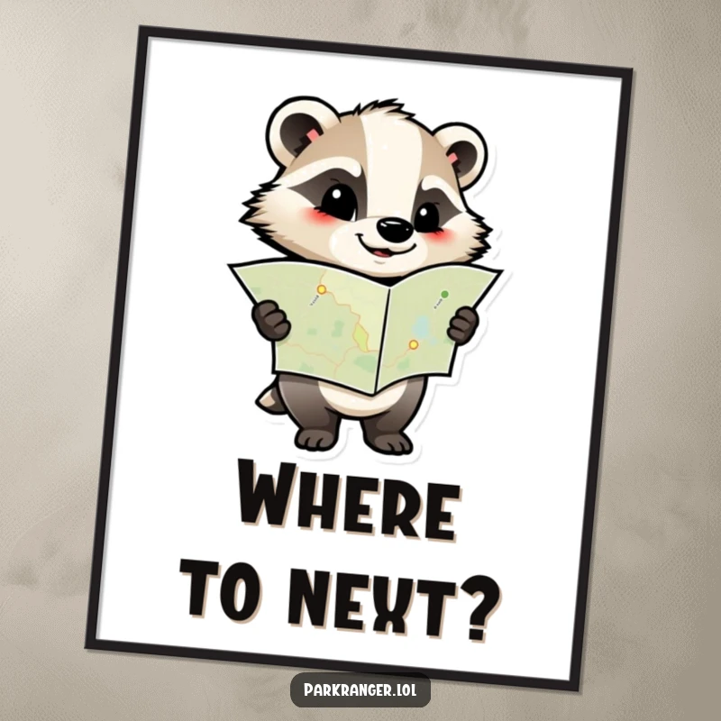 Funny digital art print of a determined badger character holding a map, perfect for adding a humorous and purposeful vibe to any room's decor.