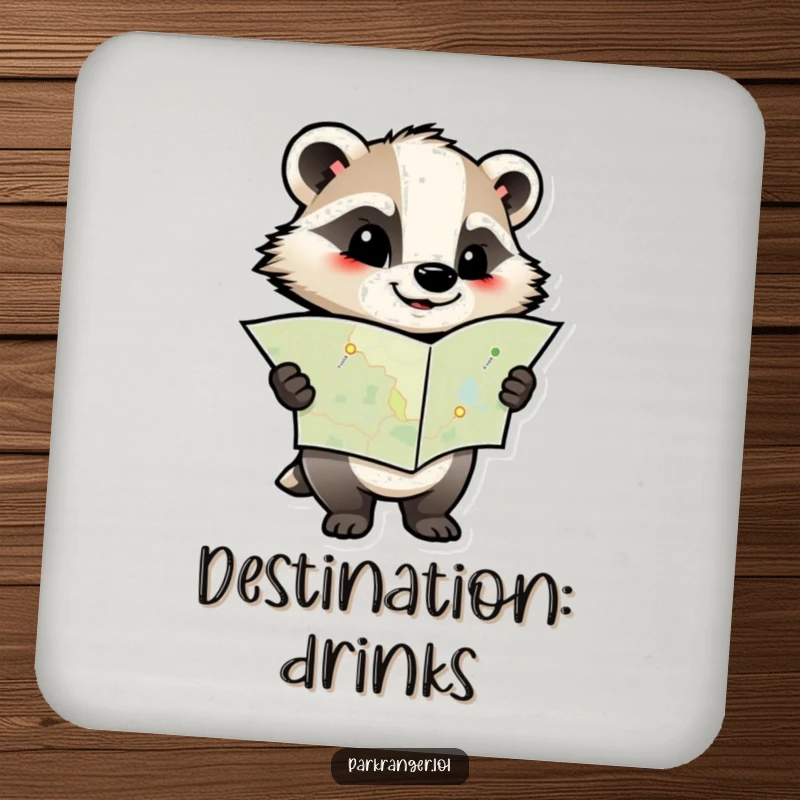 Funny drink coasters featuring a determined badger character with a map, adding a humorous and protective element to coffee tables and bars.