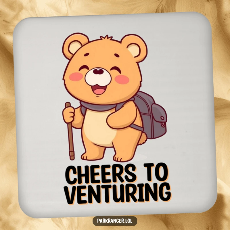 Funny coaster with a happy, round bear character carrying a backpack and walking stick, a humorous and functional accessory.