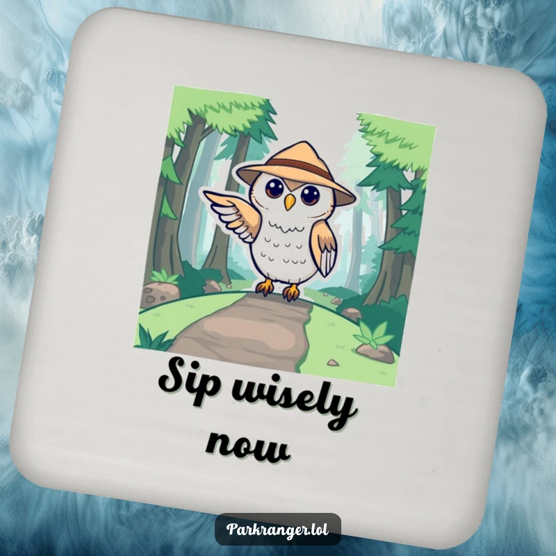 Funny coaster with a cute stylized owl ranger pointing towards a forest path, a humorous and functional accessory.