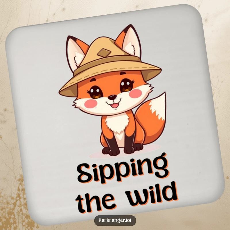 Funny drink coasters featuring a happy fox character in a ranger hat, bringing woodland charm and humor to protect tables from drinks.