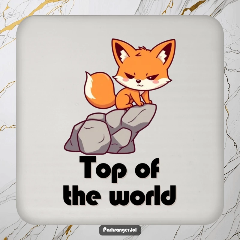 Funny drink coaster featuring a small, determined fox character with a playful grin, scaling a rock.