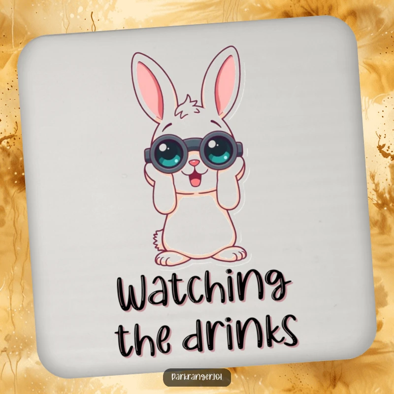Funny drink coasters featuring a playful rabbit character with binoculars, adding a humorous and protective element to coffee tables and bars.