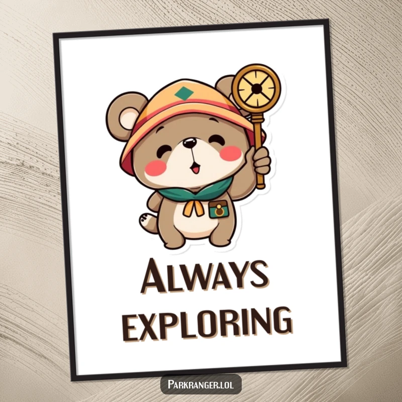 Funny poster showcasing a scout bear character pointing a compass, bringing a touch of adventurous humor and charm to any wall space.