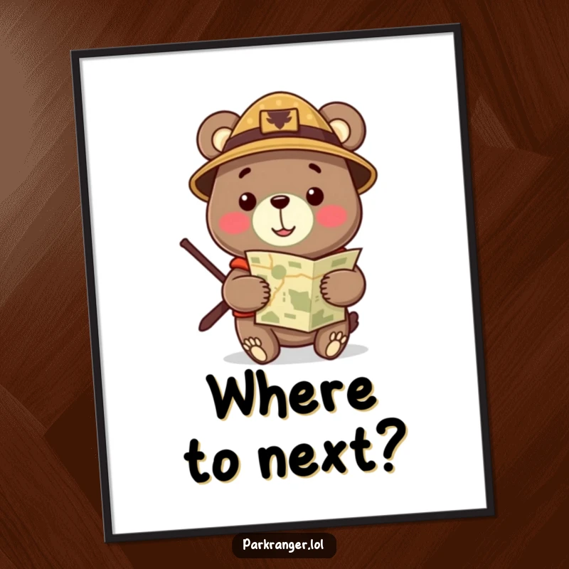 Funny Poster featuring a cheerful bear in a ranger hat, holding a map, inviting viewers on an exciting, humorous journey.