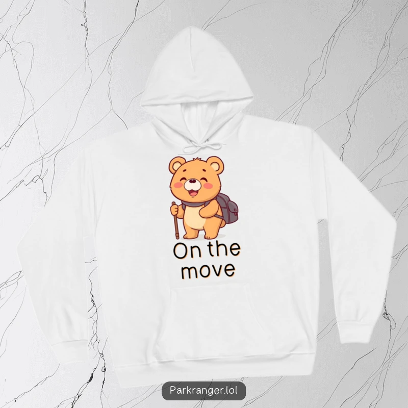 Funny hoodie featuring a happy, round bear character with a backpack and walking stick, perfect for outdoor adventures.