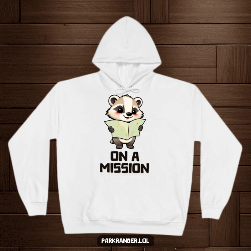 Funny hoodie featuring a determined badger character with a map, offering warmth and a dose of focused, humorous adventure for outdoor enthusiasts.