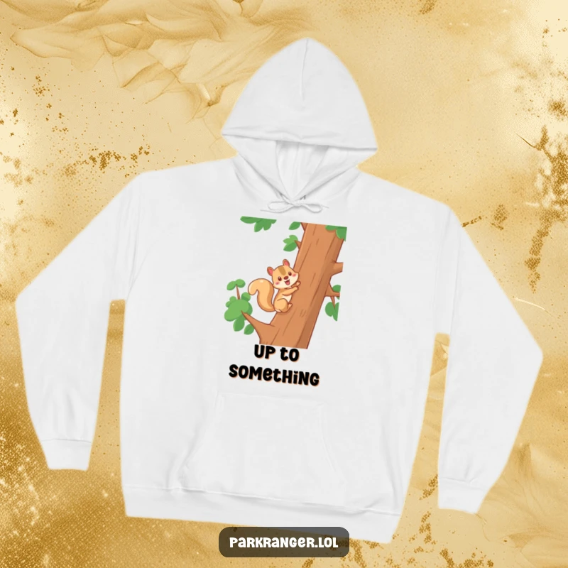 Funny hoodie featuring a cheerful squirrel character climbing a tree, offering warmth and a dose of energetic, humorous woodland charm.