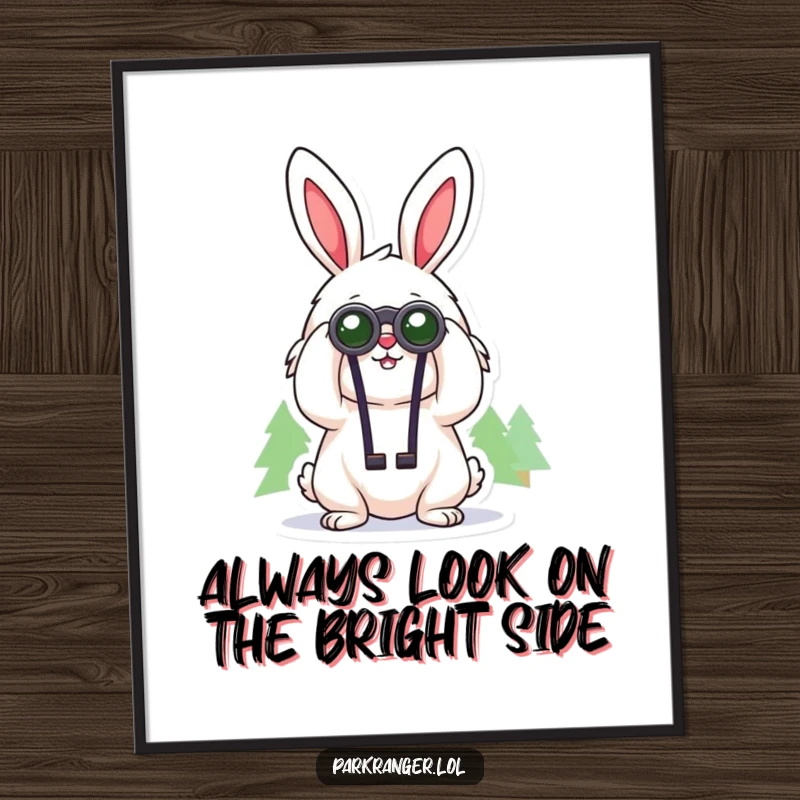 Cheerful Free Printable Wall Art of a fluffy rabbit using binoculars to gaze at distant trees, a symbol of curiosity.