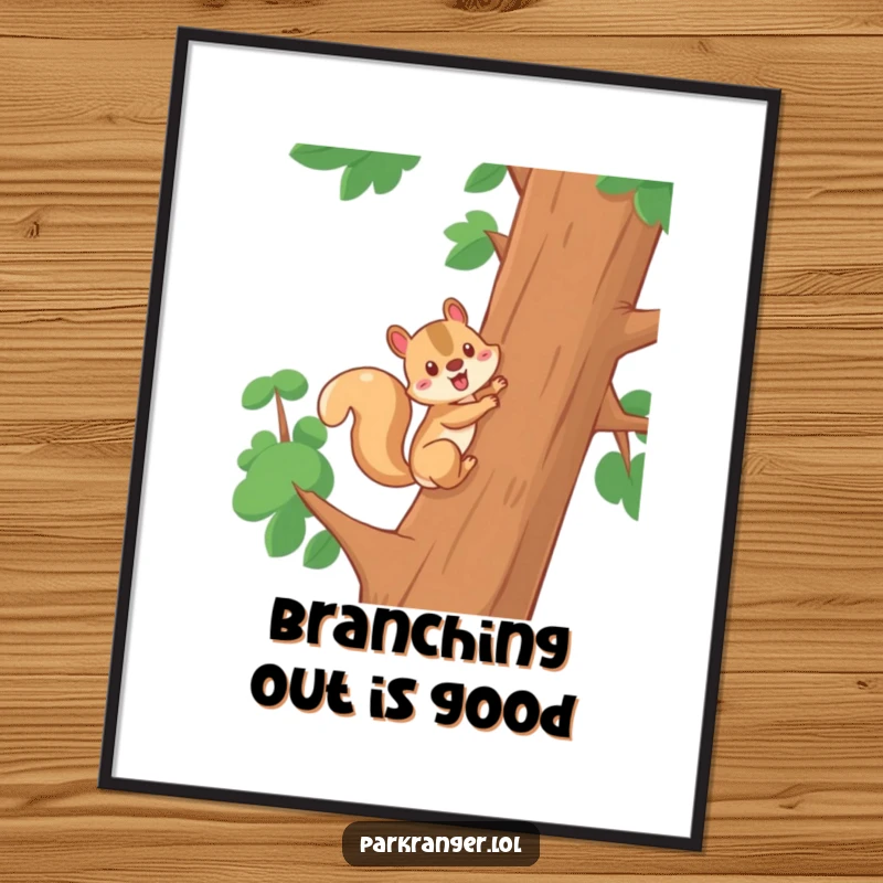 Funny Free Printable Wall Art of a cheerful squirrel character climbing a tall tree, full of life and humor.