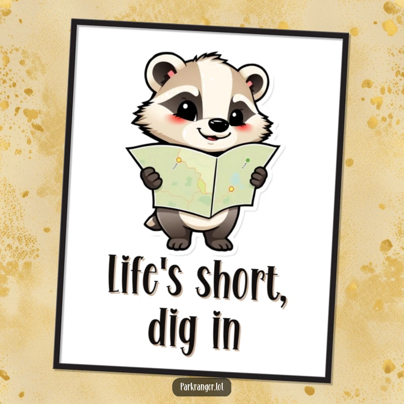 Funny Free Printable Wall Art of a determined badger character holding a map, ready for any journey.