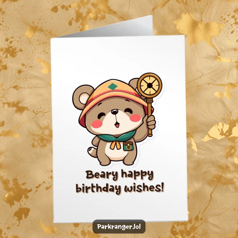 Funny Free Printable Birthday Card featuring a scout bear character pointing a compass, ready for adventure and celebration.