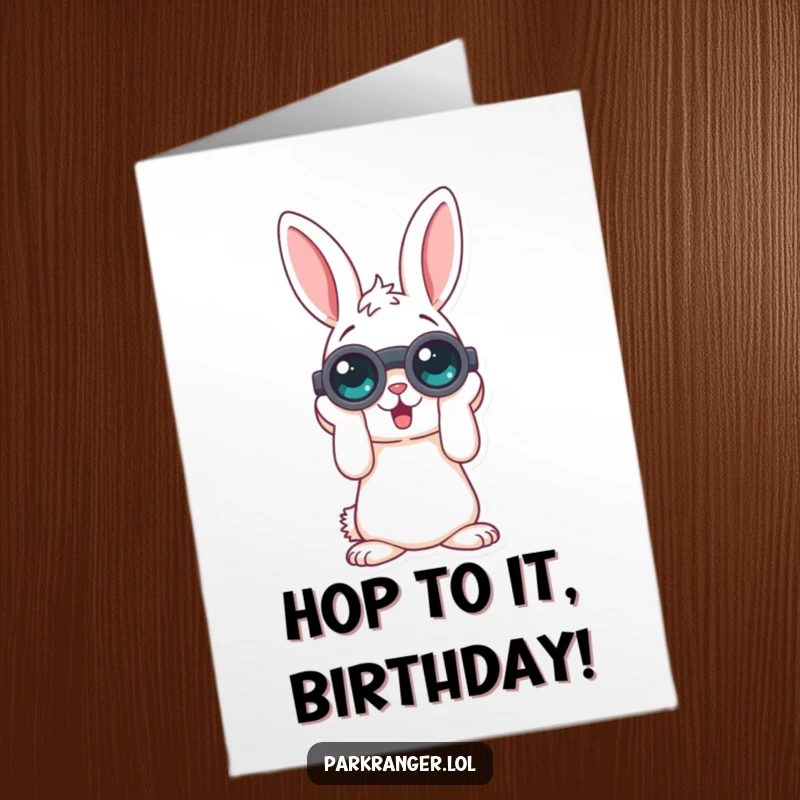 Funny Free Printable Birthday Card featuring a playful rabbit character looking through binoculars, searching for celebration.