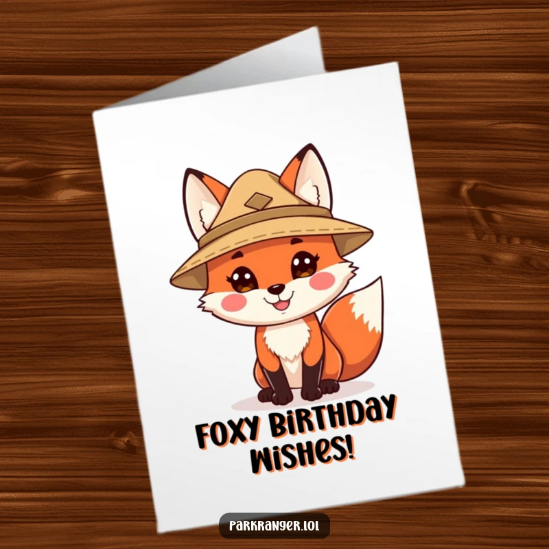 Funny Free Printable Birthday Card featuring a happy fox character in a ranger hat, celebrating with wild enthusiasm.