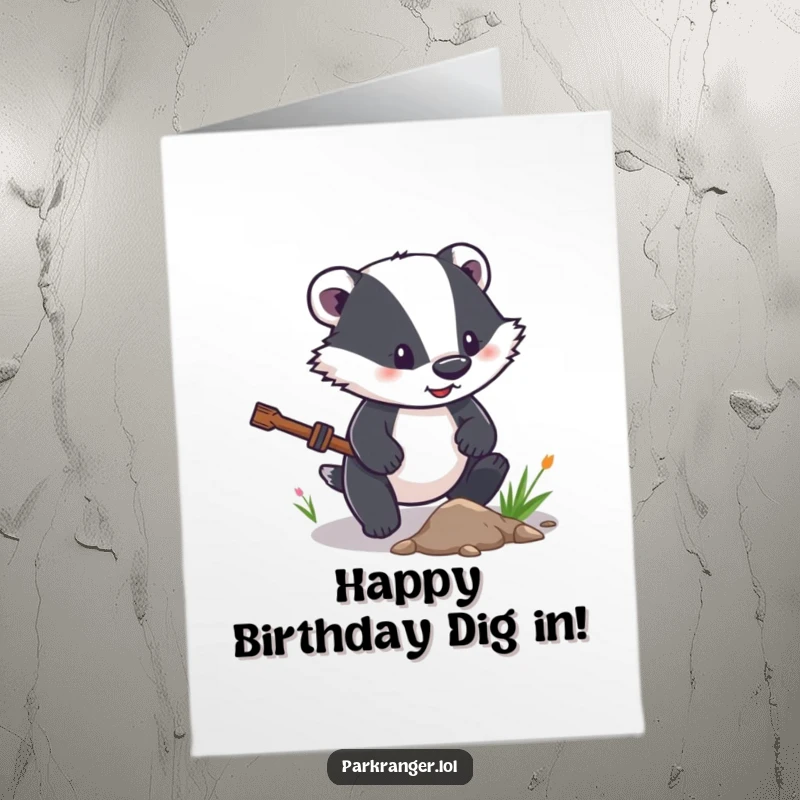 Funny Free Printable Birthday Card showing a determined badger character clearing a small path, paving the way for birthday wishes.