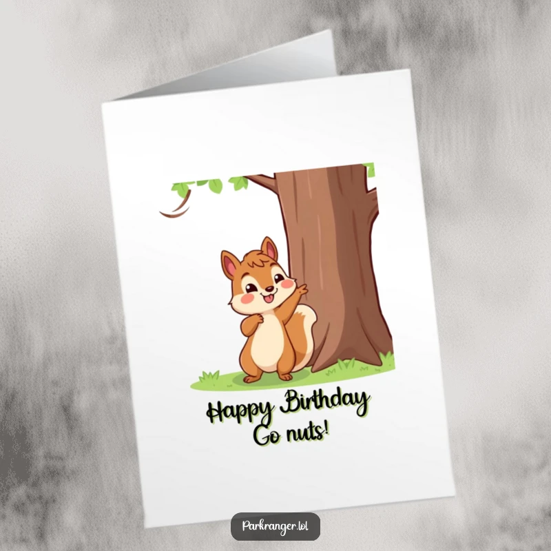 Funny Free Printable Birthday Card featuring a happy squirrel character pointing towards a tall tree, wishing a happy birthday.